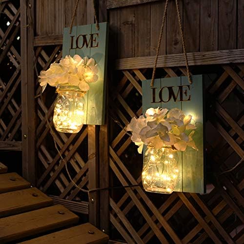 סט פינוזאה של 2 צנצנות מייסון, עיצוב בית כפרי קיר עץ פמוטים פמוטים הידראנגאה פרחי LED אורות פיות