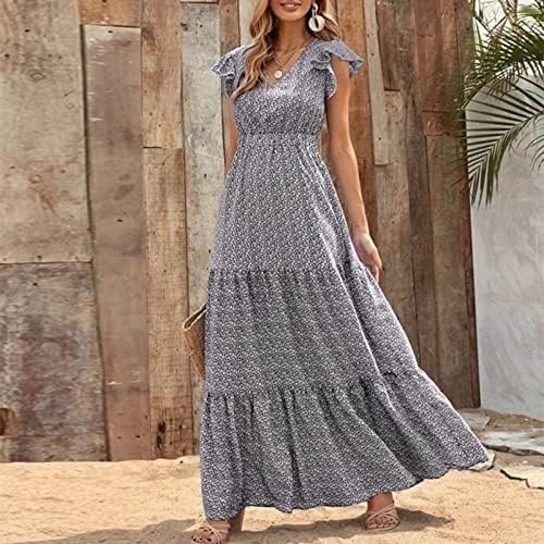2023 נשים קיץ שמלות חם לפרוע שרוול צווארון גבוהה מותן פרחוני הדפסת שמלות בוהו זורם מקסי ארוך שמלה