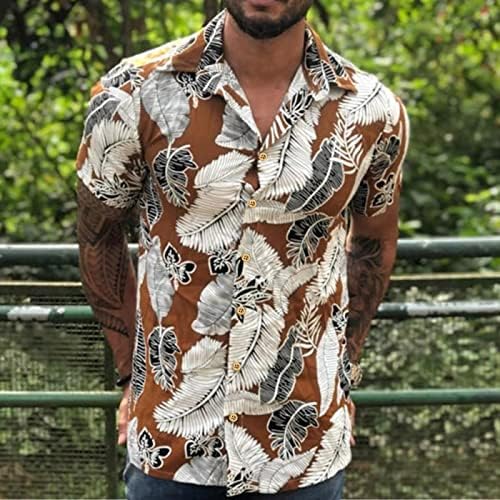 חולצות הוואי של Beuu Mens, שרוול קצר של קיץ עלים טרופיים כפתור הדפסה כלפי מטה רגוע בכושר דש צווארון אלוהה