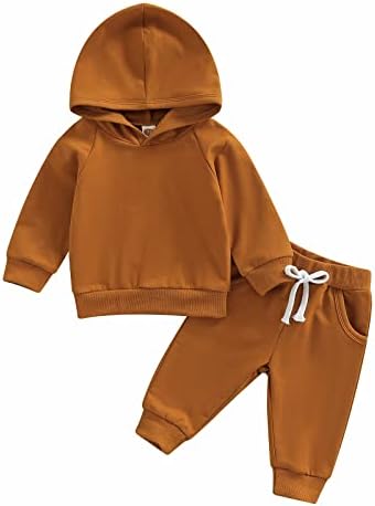 פעוט תינוק תינוק שרוול ארוך קפוצ'ונים מוצקים מכנסי סווטשירט מכנסיים סט תלבושת 2 חלקים בגדי סתיו בגדים