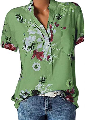 חולצות קיץ לנשים שרוול קצר התאמה רופפת ס-5 ליטר פרחוני טרנדי מקרית כפתור למטה עם צווארון חולצות טיז