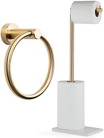 Marmolux ACC - טבעת מגבת מוברשת - מחזיק מגבת יד מודרנית זהב ומחזיק נייר שמן עם בסיס שיש לבן - מתקן