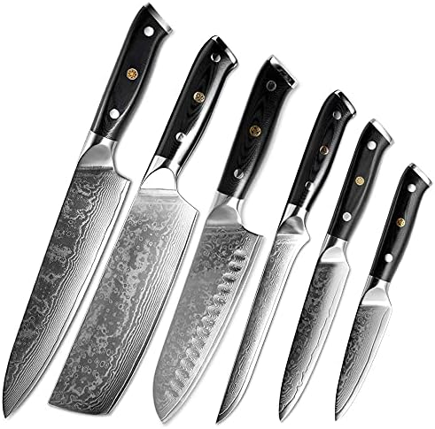 סכין סט, 6 יחידות סכיני מטבח סט דמשק פלדת להב יפני סכין שף שירות פירות חיתוך בשר קליבר גרם 10 ידית מטבח