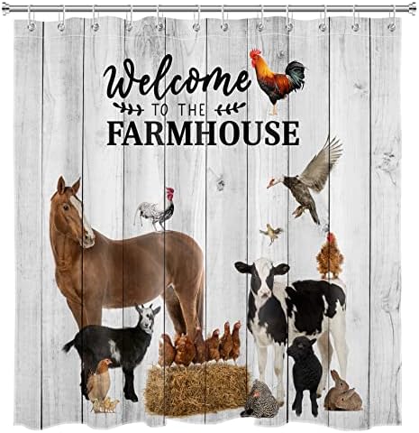 LB Farmhouse Settims Setts Settrain עם שטיחים פרה סוס חיות חווה ועוף על וילון מקלחת עץ אפור עם ווילונות