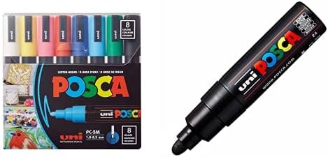 עט סמן צבע POSCA - נקודה משובחת - סט של 8, רב -צבעוני ו- POSCA סט סמן צבע צבעוני, PC -5M בינוני ופוזקה סמן צבע