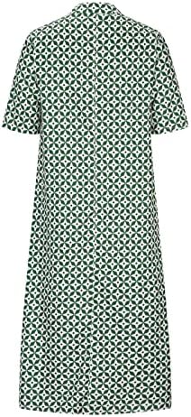 נשים מקרית קיץ שמלות חריץ צוואר קצר שרוול כפתור רטרו הדפסת בבאגי קומפי מקסי חולצה שמלה עם כיס