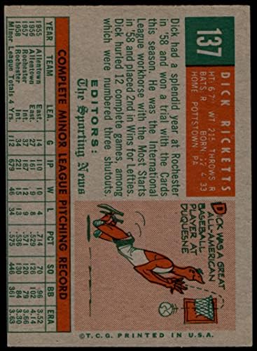 1959 Topps 137 Dick Ricketts St. Louis Cardinals Dean's Cards 5 - Ex Cardinals