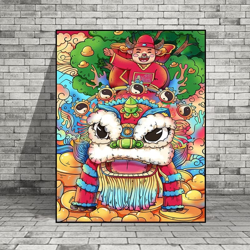 ציור דקורטיבי גאות לאומי חדש סיני אריה אריה ריקוד מלון קיר קיר דקורטיבי בציור קיר מסעדה ציור קיר חגיגי