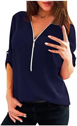 צמרות קיץ בגודל פלוס נשים 3/4 חולצות סולידיות שרוול ZIP V צוואר חולצה טוניקה מזדמנת וחולצות טריקו אופנתיות עליונות