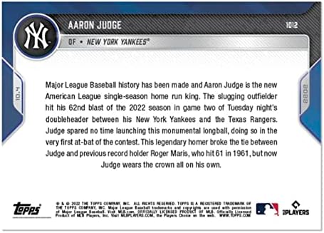 2022 Topps Now Aaron Judge 1012- Slugger Set Al Record עם 62 HR- New York Yankees Baseball Card-