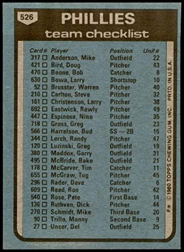 1980 Topps 526 רשימת הבדיקה של צוות פיליז דאלאס ירוק פילדלפיה פיליז NM/MT Phillies