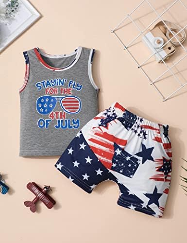 פעוט פומי 4 ביולי ילד תלבושת, מכתב דגל אמריקאי גופייה ללא שרוולים מודפסים + מכנסיים קצרים 2 יחידים סט בגדים
