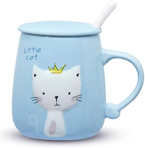 אנג'ליס ביתי ספל חתול כחול 13 עוז, כוס ספל קפה קיטי חמודה עם מכסה וכף קרמיקה לאוהבי החתולים