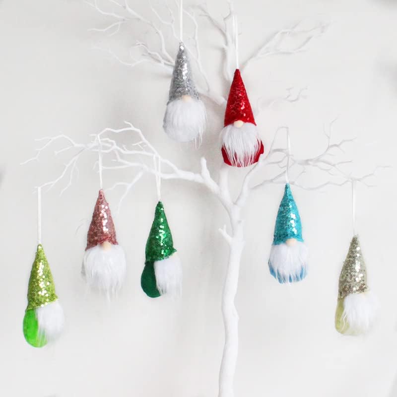 סט Soujoy של 7 עץ חג המולד תלוי בקישוטים גמדים, גמדי קטיפה בעבודת יד שוודית, קישוטי תליה של סנטה אלף