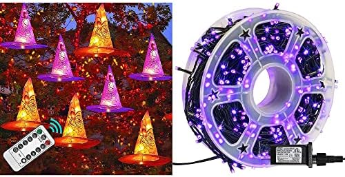 Funpeny Halloween 8 מחשבים תלויים כובע מכשפה עם אורות מיתר & 164ft 500 LED אורות סגולים אטומים למים