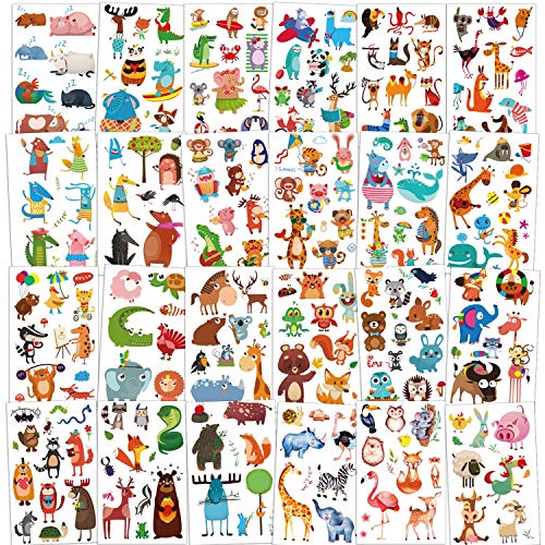 Konsait 24 Sheets Animal קעקועים זמניים לילדים, גן החיות ג'ונגל ים חיה קעקועים מזויפים קעקועים אטום למים עיצוב