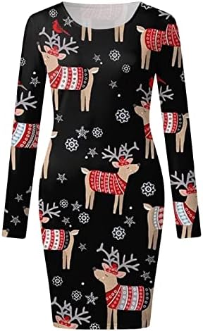 שמלת בגד גוף לחג המולד לנשים מכוערת חג המולד מודפס שמלת טוניקה עם שרוול ארוך שמלות מיני בכושר דק לחג