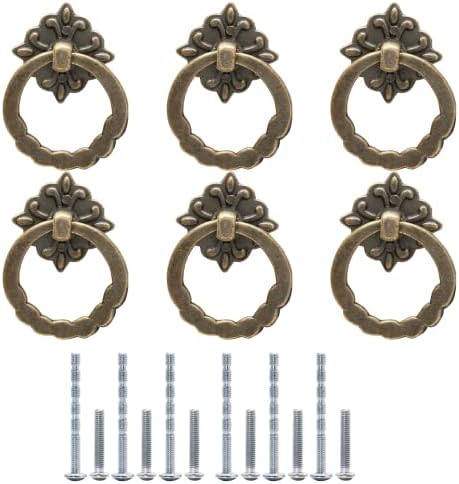 Waziaqoc 6 יחידות משיכות טבעת ברונזה עתיקות, טבעת דקורטיבית וינטג 'מושכת ארונות ברונזה ידיות משיכה למגירות
