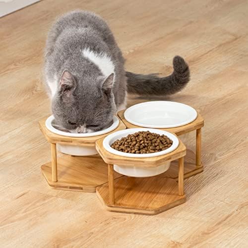 סט לוסיפאקו של 3 קערות חתול מוגבהות בודדות, קערת מים מזון לחתולים מוגבהת מנירוסטה עם מעמד במבוק, מזין