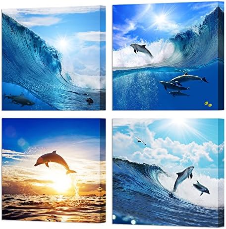 הומוארט דולפין קיר אמנות כחול אוקיינוס ​​קופץ דולפינים דקור חדר אמבטיה בעלי חיים ציור ציור הדפסים על