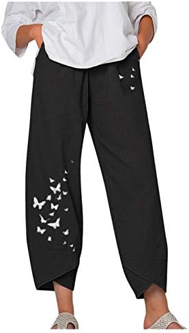 מכנסי פשתן נשים, מותניים גבוהים ברגל רחבה פלאצו יוגה קפריס קיץ פרפר הדפס מכנסיים קצוצים טרנדיים