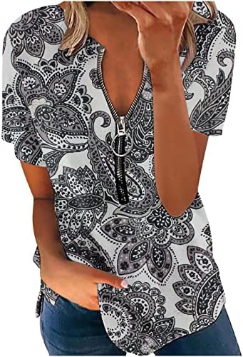 נשים אופנה חולצה סקסי רוכסן עם צוואר טוניקת חולצות פרחוני מודפס קצר שרוול חולצות 2023 קיץ מקרית חולצות