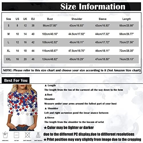 נשים 3/4 צמרות שרוול 4 ביולי גרפיקה מודפסת פטריוטית, חולצות חולצות מזדמנות עליונות חולצות טיול