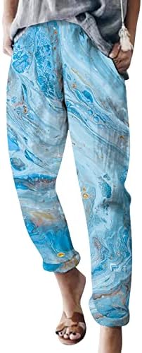 נשים גבוהה מותן רחב רגל מכנסיים מקרית בצבעי מים דפוס אלסטי חיכה מכנסיים קומפי רחב רגל קפריס לנשים מקרית