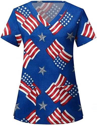 4 ביולי חולצות לנשים קיץ חולצות עם שרוול קצר עם 2 כיסים בגדי עבודה של דגל ארה 'ב חולצות חג קז' ואל