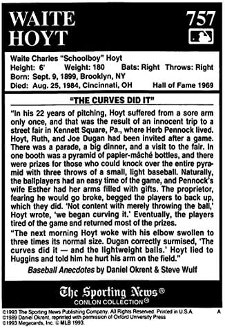 1993 אוסף קונלון 757 WAITE HOYT NEW YORK YANKEES כרטיס מסחר רשמי MLB מ- The Sporting News במצב גולמי