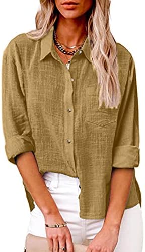 צמרות נשים כפתור שרוול ארוך מטה חולצת כפתור חולצה שרוול ארוך שרוול ארוך כפתור כיס לחצני כיס