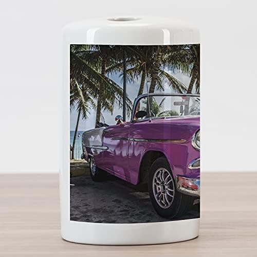 מכוניות אמבסון מחזיק מברשת שיניים קרמיקה, מכונית קבריולטה בצבע קלאסי חונה על החוף בקובה חוף הים עצים אקזוטיים,