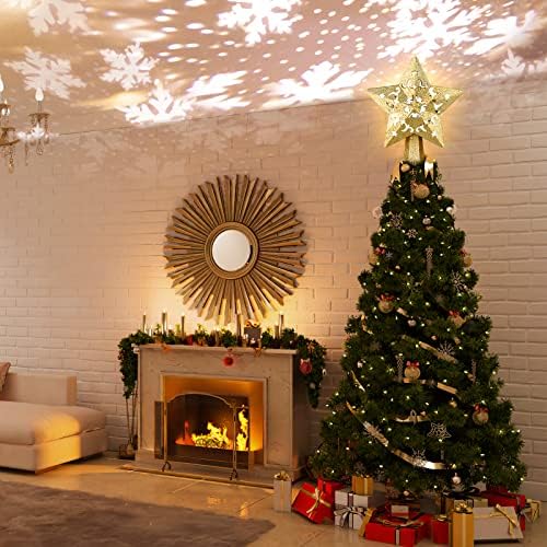 מקרן טופר עץ חג המולד, טופר עץ כוכב LED מואר, מקרן טופר כוכב זהב נצנץ עם הקרנת פתית שלג מסתובבת לעיצוב