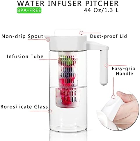 1.3L/44oz Fruish Fruish Fruisher Kinker מים עם מכסה וידית, כד זכוכית בורוסיליקט עם פילטר נשלף,