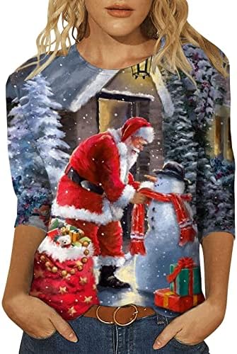 חולצות לאופנת נשים 2022, אופנת נשים מזדמנת עם שלושת רבע שרוול הדפסת חג מולד סוודר צוואר עגול