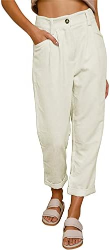 מכנסי קורדרוי של Allmloers לנשים מכנסי רגל ישרים עם מותניים גבוהים עם כיסים מכנסיים נוחים רופפים מזדמנים