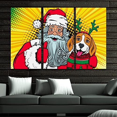 אמנות קיר לסלון, ציור שמן על בד גדול ומוסגר סנטה קלאוס מחבק יצירות אמנות של כלב ביגל לעיצוב חדר