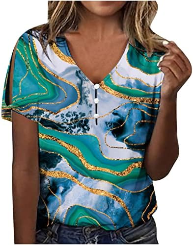 צמרות מזדמנות לנשים הדפסת שיש קיץ חולצות חולצות כפתור למטה V צוואר חולצות טריקו 2023 חולצה מזדמנת שרוול קצר