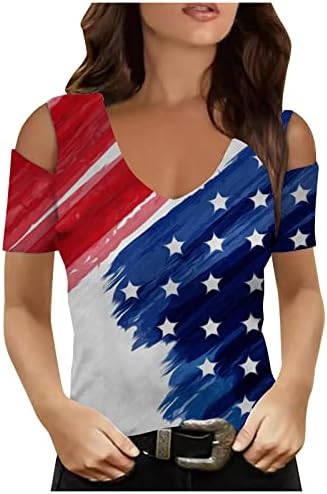 2023 יום העצמאות צמרות פטריוטיות כתף קרה סקסית דגל אמריקאי הדפס חולצות חולצות שרוול קצר V סוודר צוואר