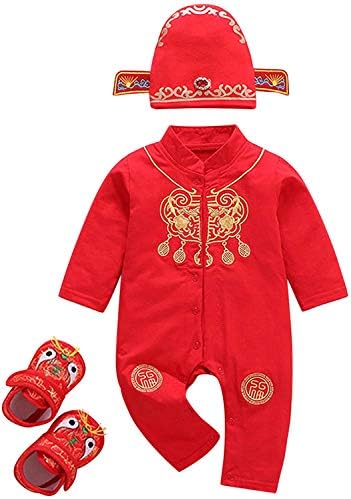 3 PC ילד תינוקת נולד ילד שנה חדשה חליפת טאנג חליפה אדומה רומפר גוף גוף כובע נעליים