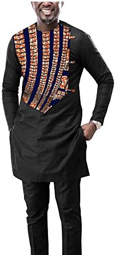 סט מעילי הדפסה של דשיקי אפריקני של גברים 2 של גברים ומכנסי אנקרה מסורתיים ללבוש כיסי אימונית