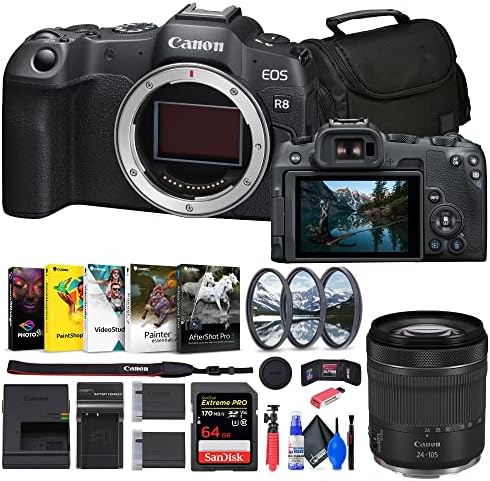 Canon EOS R8 מצלמה ללא מראה RF 24-105 ממ עדשה + כרטיס זיכרון 64 ג'יגה-בתים + ערכת פילטר + תוכנת צילום
