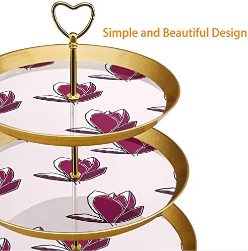 מגנוליה פרח דפוס סגול מחזיק קאפקייקס צמח למאפה, 3 עוגת זהב מפלסטיק שכבתית עמדת זהב לשולחן קינוח, מדד מגדל עץ עץ
