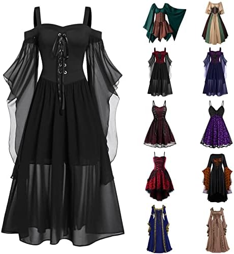 נשים רנסנס שמלת פרפר שרוול תחרה עד כדור שמלת ליל כל הקדושים תלבושות גותי מכשפה שמלות מימי הביניים