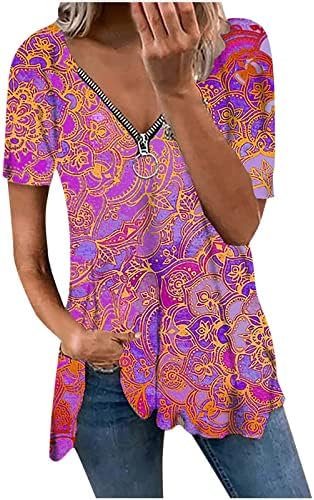 XPIGPQ לנשים קיץ מזדמן שרוול קצר טוניקה טוניקה ללבוש עם חותלות סקסיות V צוואר רוכסן חולצות טיף
