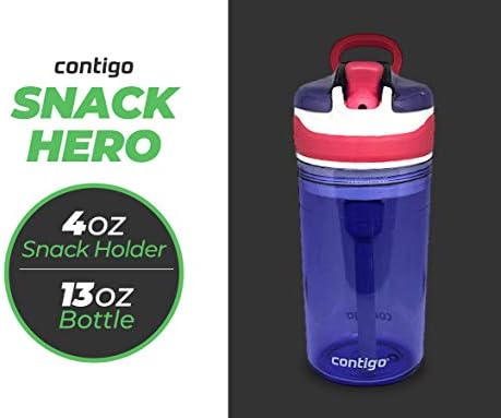 סט בקבוקי מים של קונטיגו חטיף גיבור, בקבוק מים 2 ב -1 עם תא חטיפים של 4 עוז ובקבוק מים חסין לשפוך 13 עוז-אדום