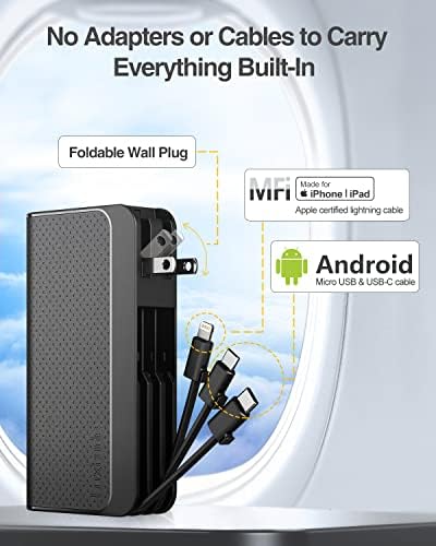 Luxtude מטען טלפון נייד תקע קיר מובנה, בנק חשמל 10000mAh עם כבלים 【ברק אייפון ו- USB C & Micro】,