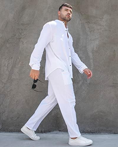 חולצת פשתן של RPOVIG מערכי תלבושות: 2 חתיכות גברים חולצות הנלי שרוול ארוך מכנסי יוגה רופפים בגדי ביגוד לבן