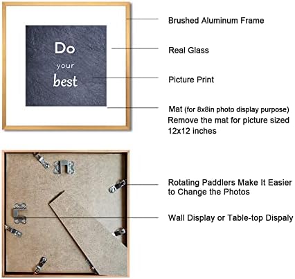 מסגרת תמונה של Dekwinn 12x12 סט של 3 עם מסגרת צילום אלומיניום זהב זכוכית אמיתית לתמונות או פוסטרים
