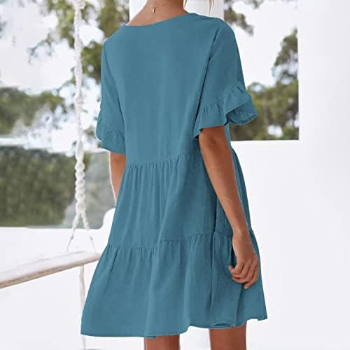 שמלות לנשים, שרוול קצר של שרוול קז'ון מטה שמלת קיץ פרע כיס המותניים האלסטיים A-line Swing Mini שמלות